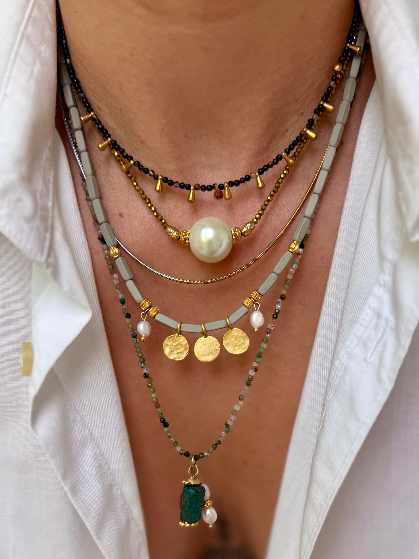 Tiny Gold-Plated Hematite and Pearl Necklace