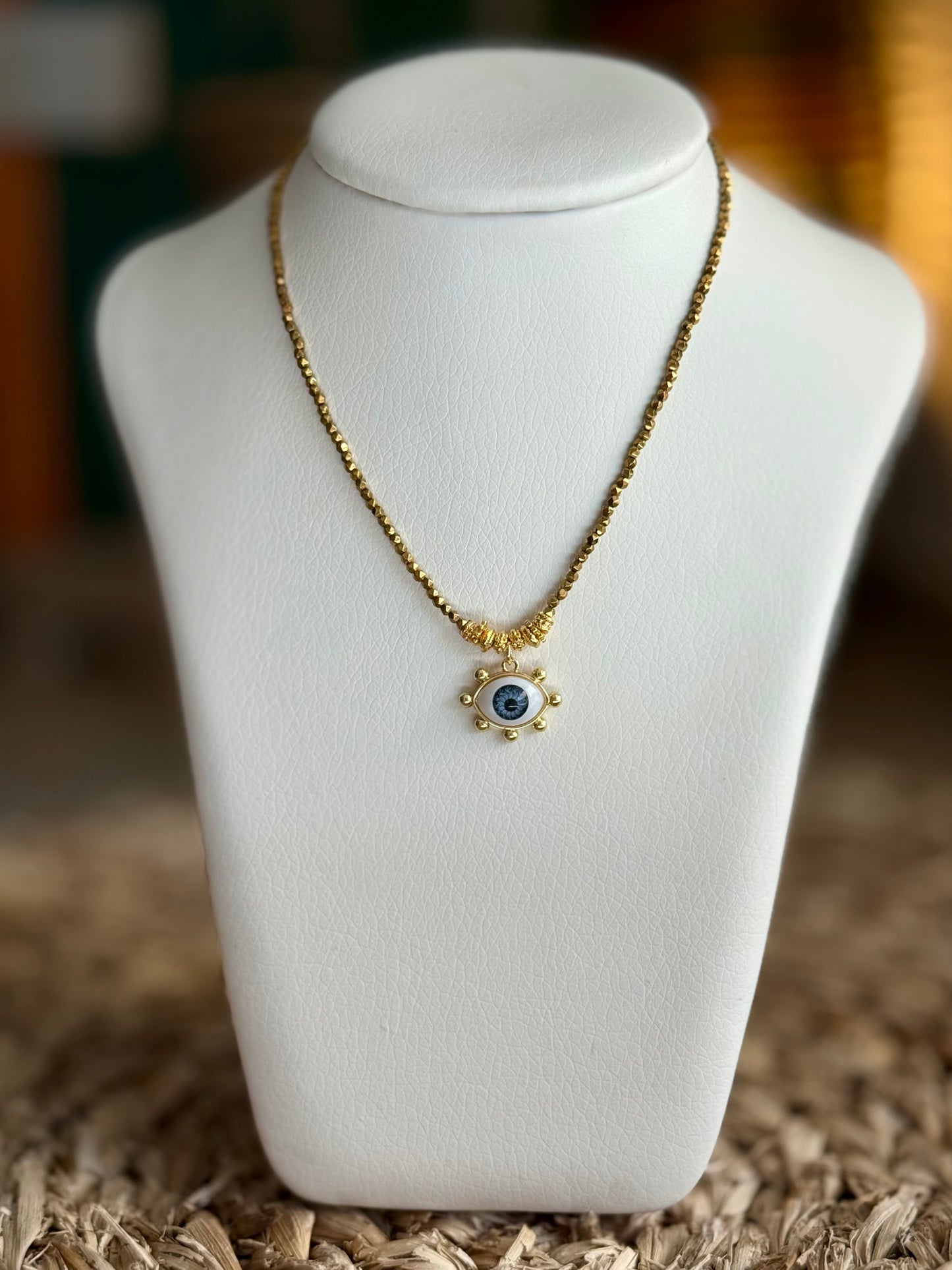 Gold Plated Hematite Beaded Necklace with 18K Gold Plated Eye Charm | Minimal Evil Eye Necklace