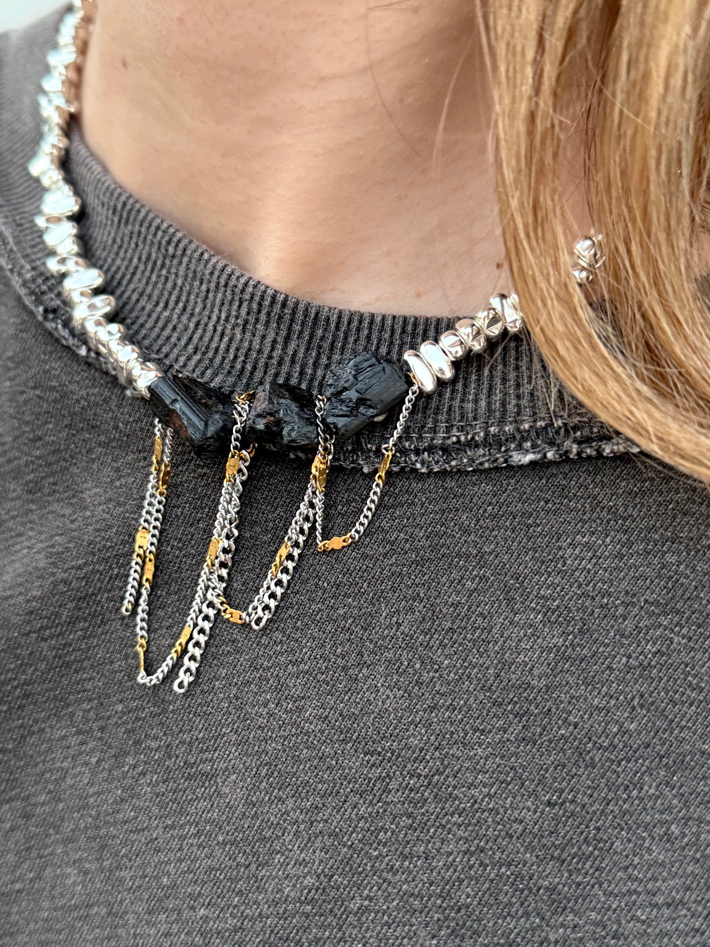 Silver Irregular Hematite with Black Tourmaline