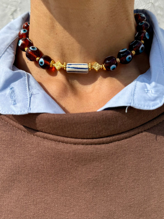 Glass Eye Bead Necklace with Ceramic Blue/White Stone Bead