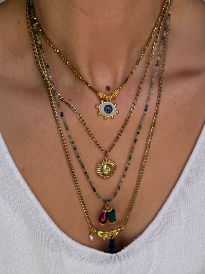 Gold Plated Hematite Beaded Necklace with 18K Gold Plated Eye Charm | Minimal Evil Eye Necklace